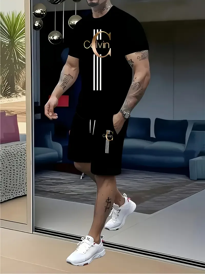 

New Men's Light Luxury Trend Fashion Elegant High-end T-shirt Set Upper and Lower Clothes