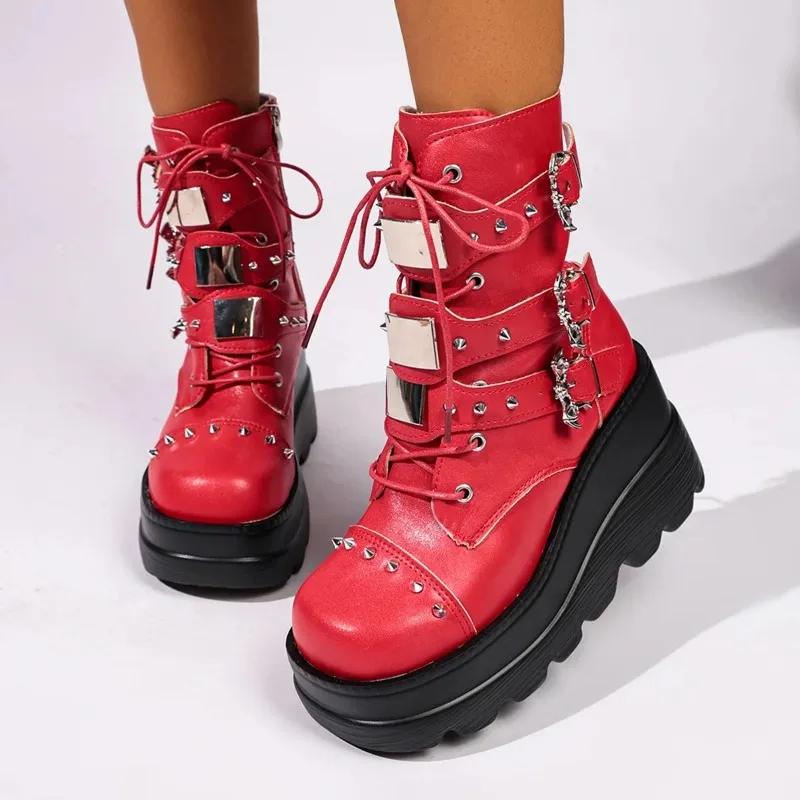 Red Skull Studded Platform Punk Street Style Trendy Women's Boots, Height-Enhancing, Slimming, Versatile Ankle Boots, Plus Size