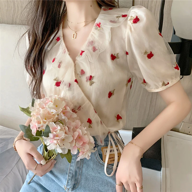 MEXZT Vintage Blouses Women Sweet Elegant Floral Bandage Shirts Korean Office Lady Print Puff Short Sleeve Loose Casual Tops