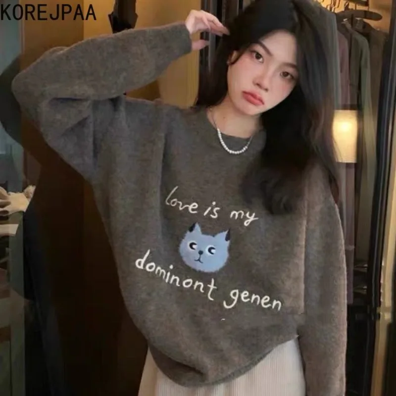 

Korejpaa Sweet Cartoon Cat Pullover Korean Fashion Letter Jacquard Knitted Sweater Mujer Casual Round Neck Autumn Pull Femme