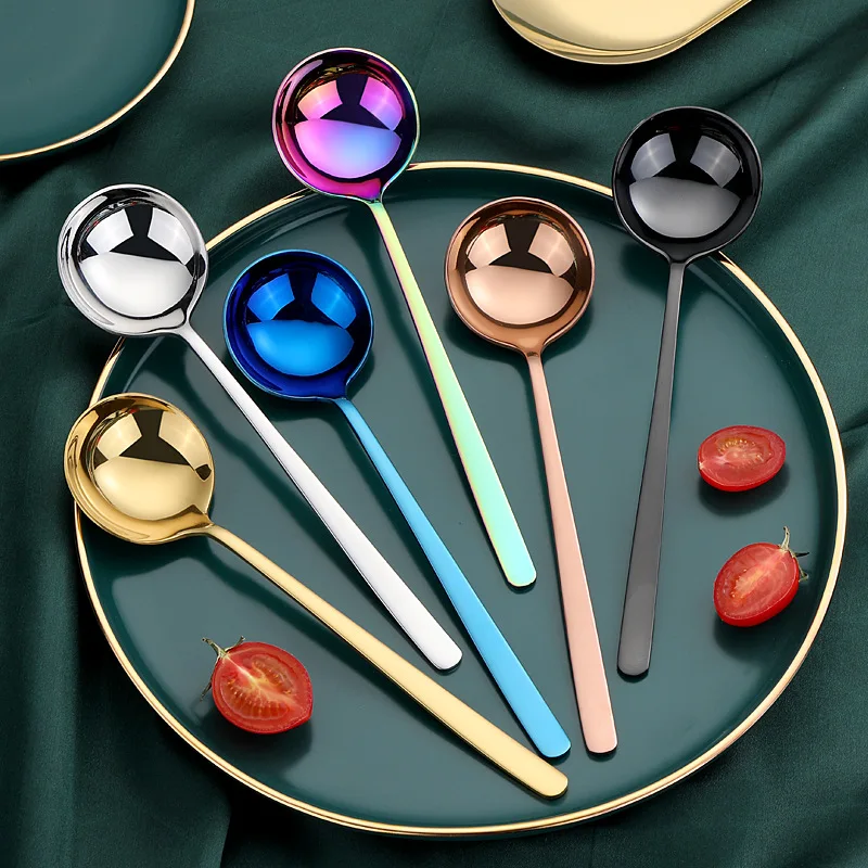 Colors Large Round Head Tablespoons Long Handle Coffee Stirring Spoon Stainless Steel Tableware Ramen Soup Ladle Kitchen Utensil