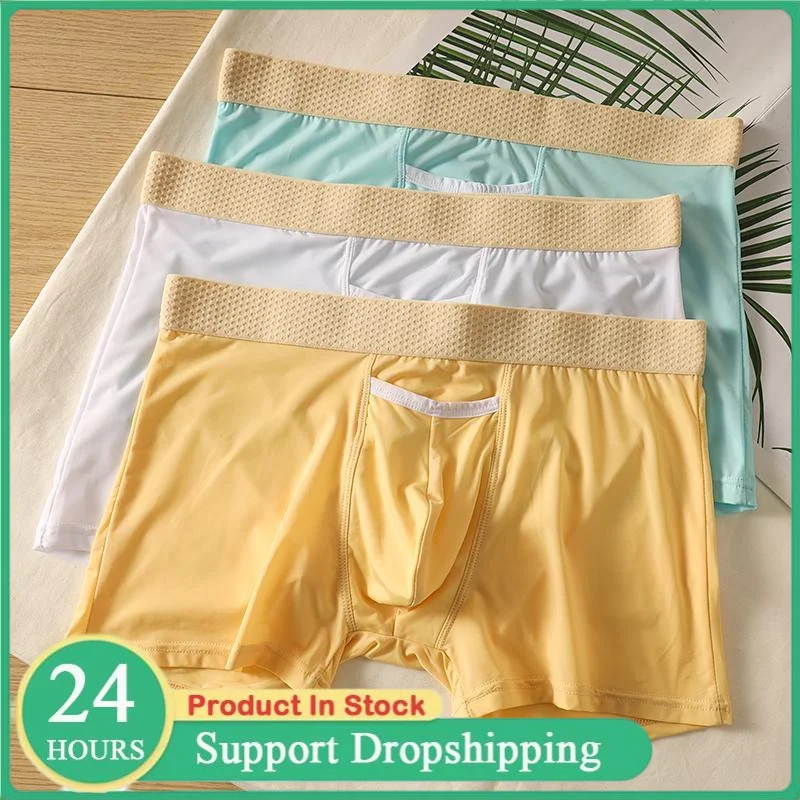 Sommer-Herren-Boxershorts mit offenen Taschen, ultradünne, atmungsaktive Eisseiden-Unterhose, schnelltrocknende, kühle, schmale Sport-Shorts für Zuhause