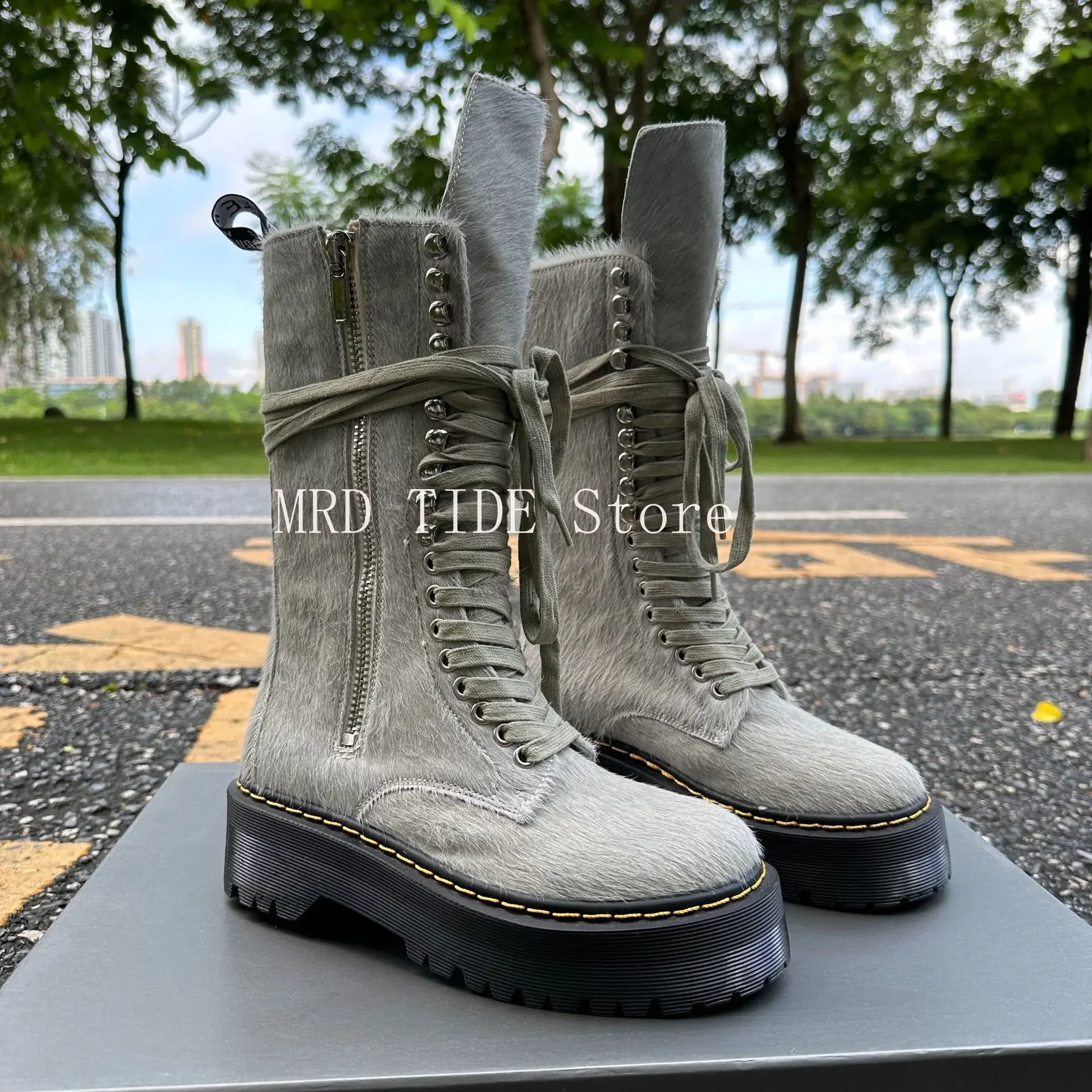 Men Women Boots Genuine Leather Horsehair Lace Up Zip Shoes Mid High Platform Increase High Street Vintage Luxury Sneakers Owen