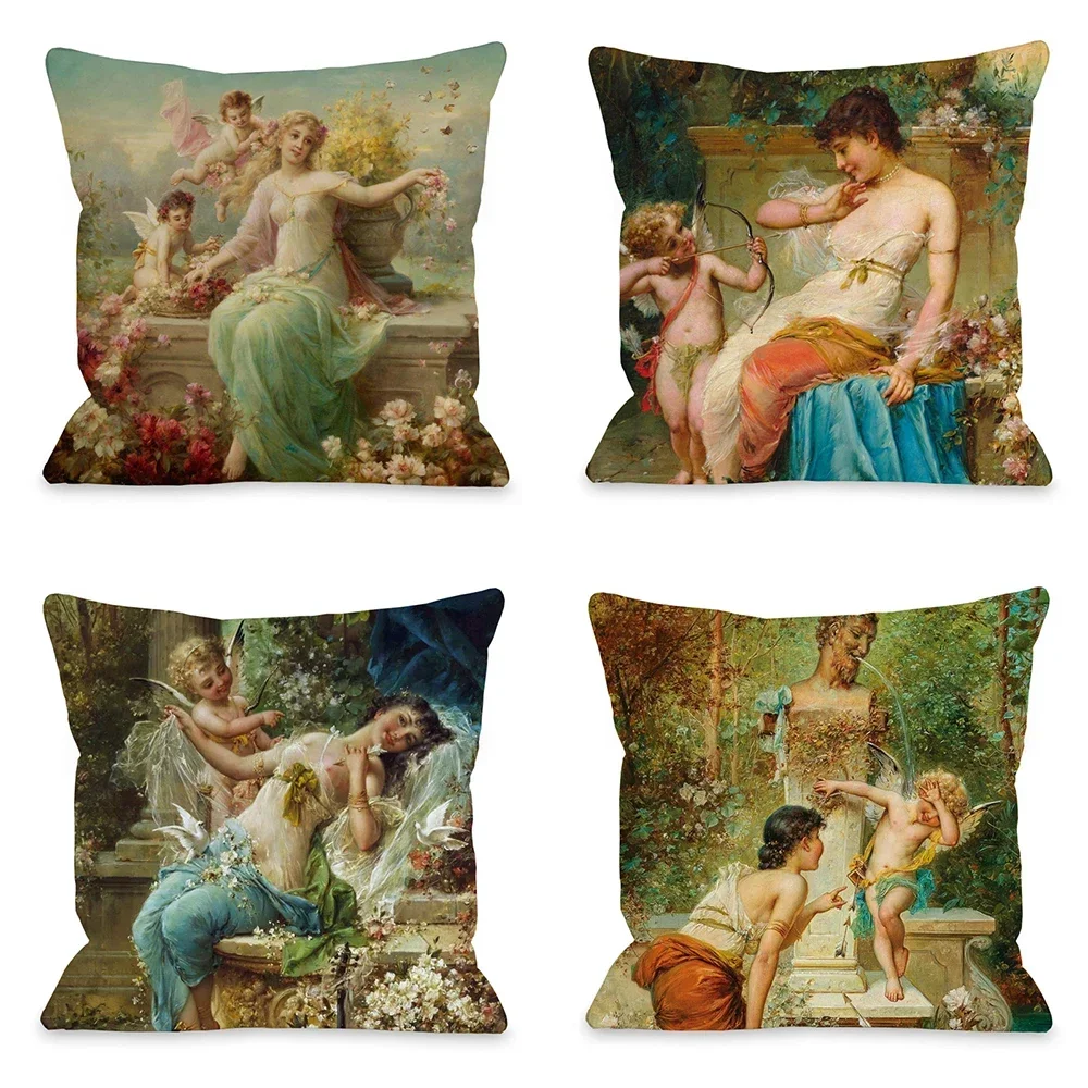 Oil Painting Beauty Ladies Angel Portrait throw pillow cover with short plush print living room sofa decoration cushion cover