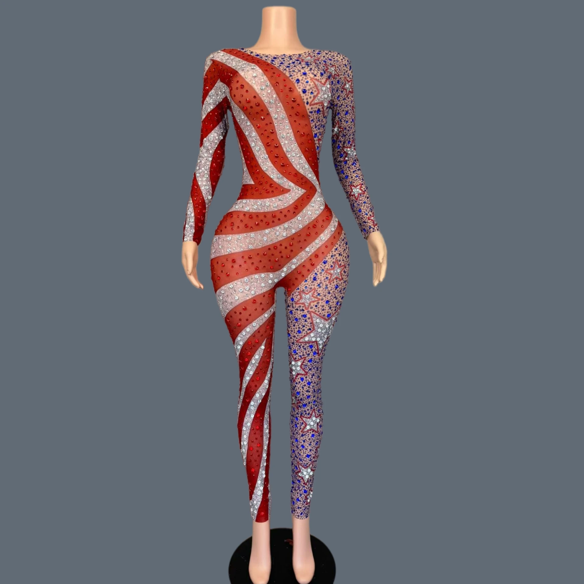 Sparkly Rhinestone Tight Fitting Jumpsuit Night Club Show Drag Queen Performer Wear Festival Celebrate Party Sexy Outfit Qizhi