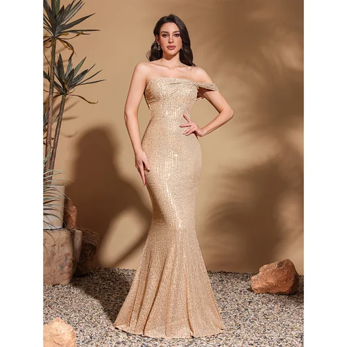 Vestido ajustado a la cadera con lentejuelas y mangas colgantes en un lado, vestido elegante y elegante