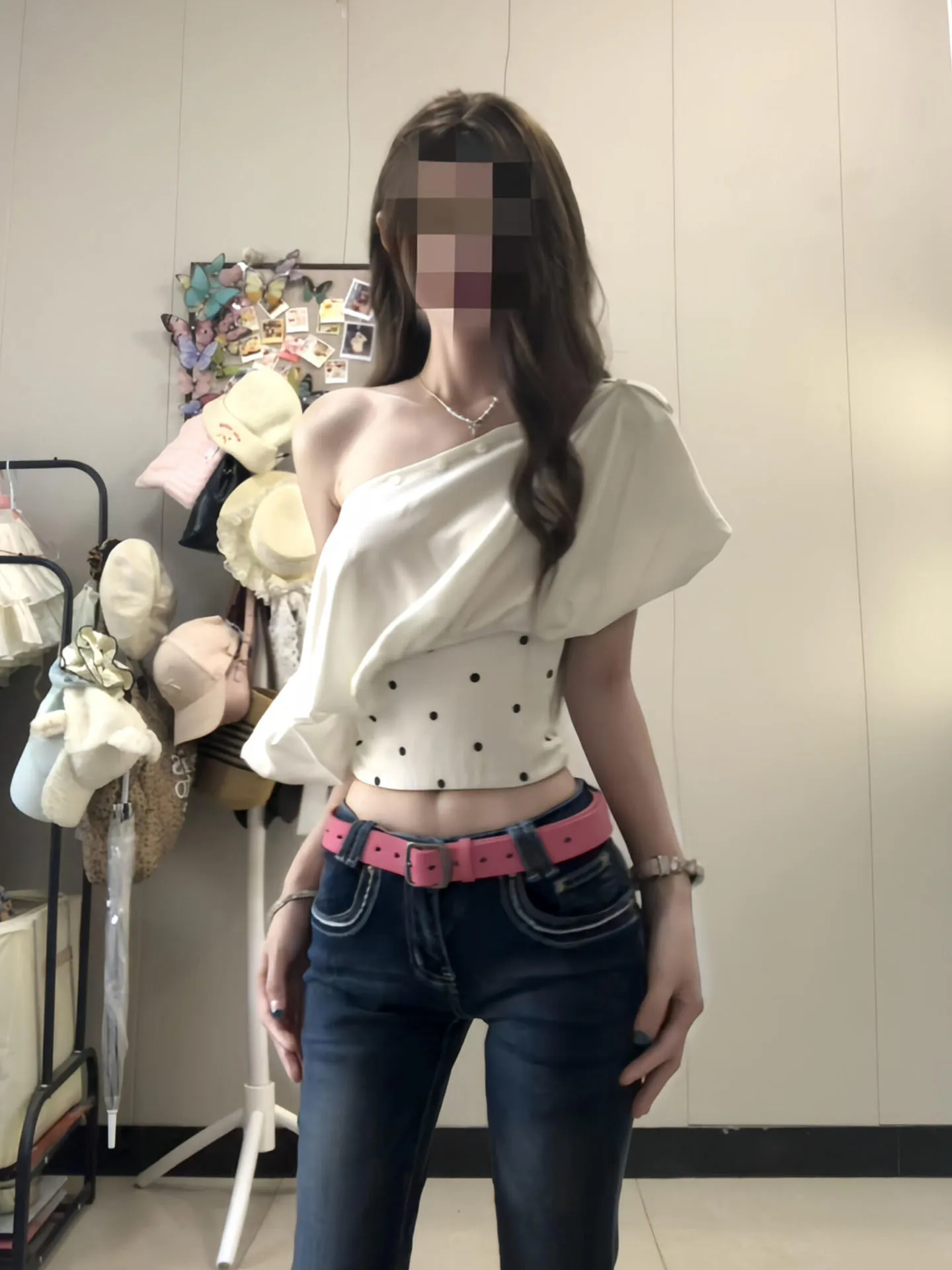 Sexy Polka Dot One Shoulder Short Sleeve T-Shirt Waist Cinching Trendy Top for Young Women Autumn New Style Versatile Quick D...