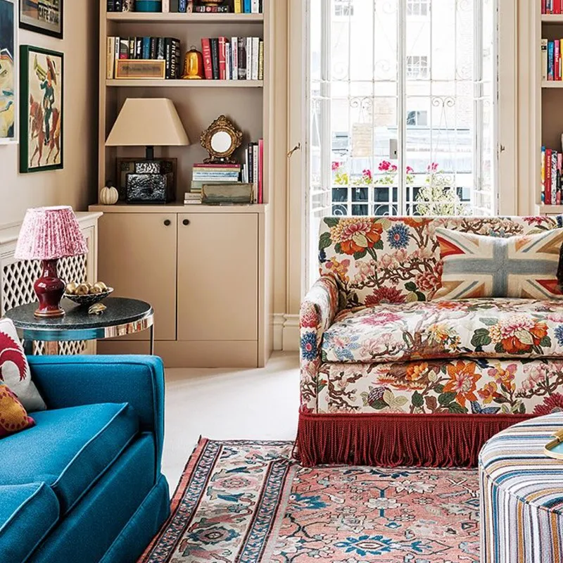 French pastoral fabric sofa, small apartment living room printed double sofa, American vintage bedroom lazy sofa