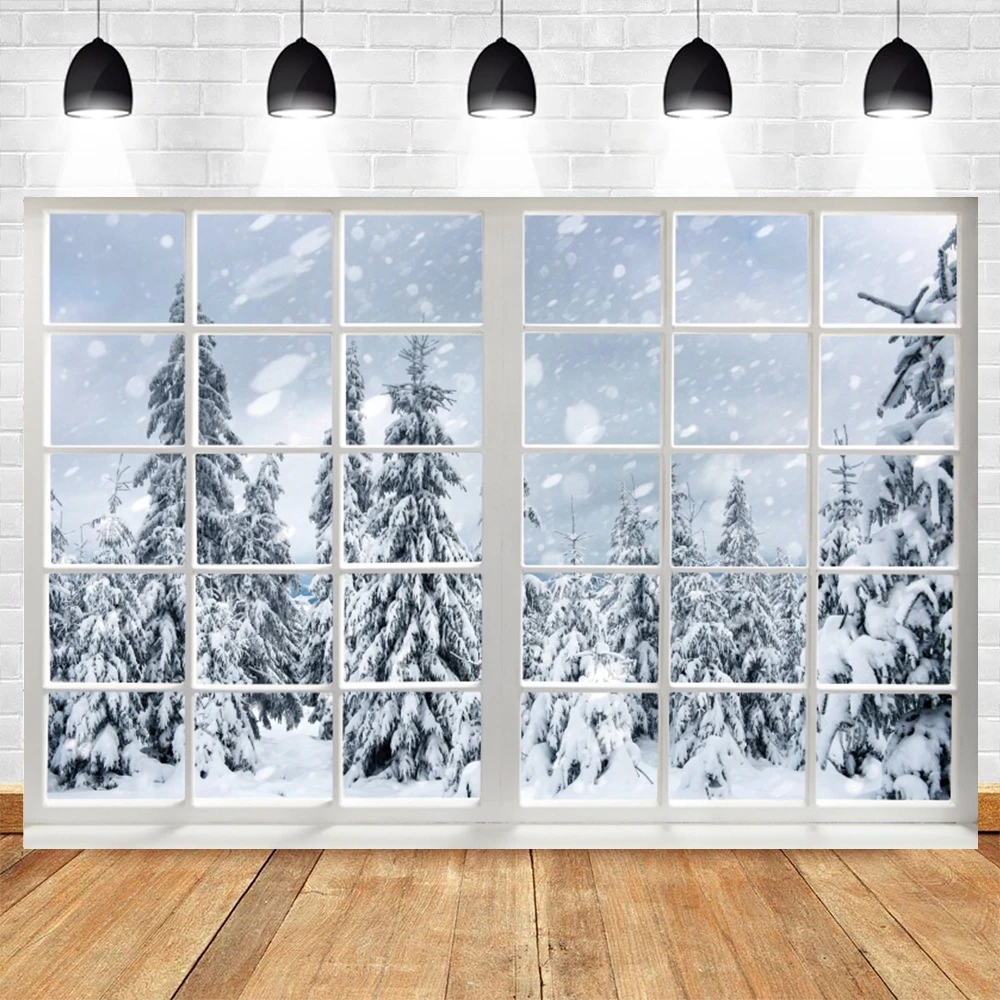 Winter Landscape Window Backdrop Snow Scenery Tree Photography Background for Kids Family Christmas New Year Party Photo Studio