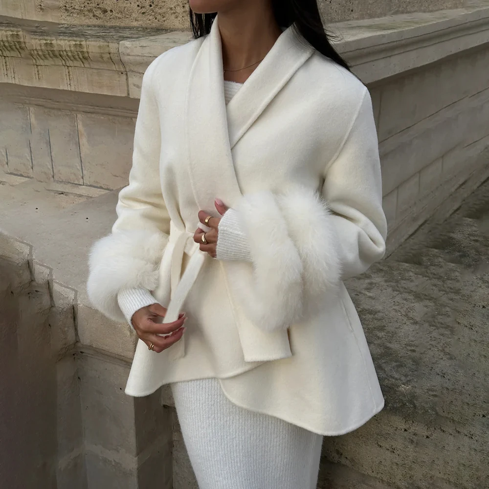 

Tuularose Plush Cuffs Belt Women 's Coats Elegant Lapel Faux Fur Sleeve Twist Open Jacket Female Winter Fashion Lady Streetwears