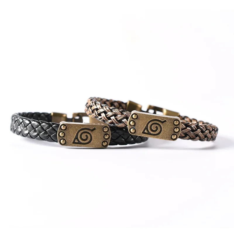 Japanese Anime Bracelet Naruto Peripheral Original Wooden Leaf Bracelet Retro Handmade Trend Woven Casual Leather Bracelet