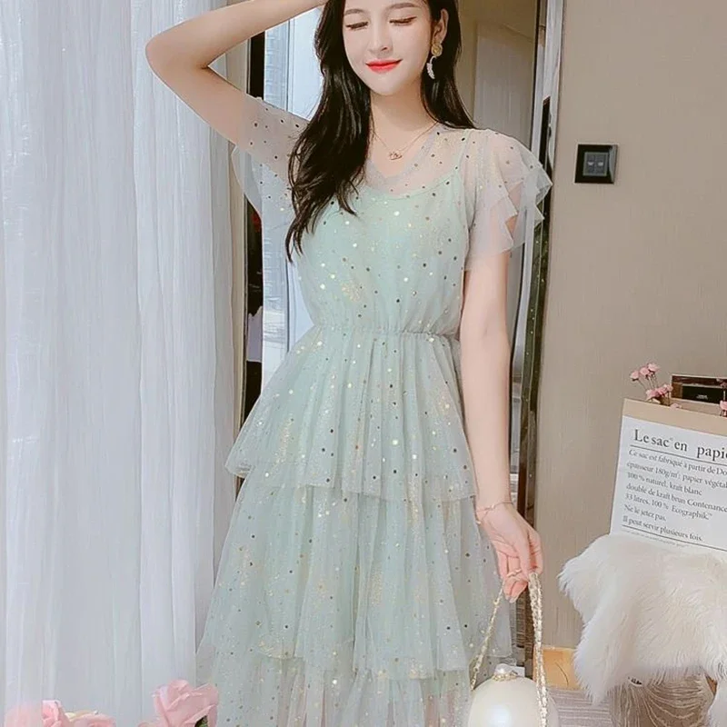 

Sweet V-Neck Spliced Gauze Sequined Princess Dress Female Clothing 2024 Summer New Loose Korean Butterfly Sleeve Party Dress Z95