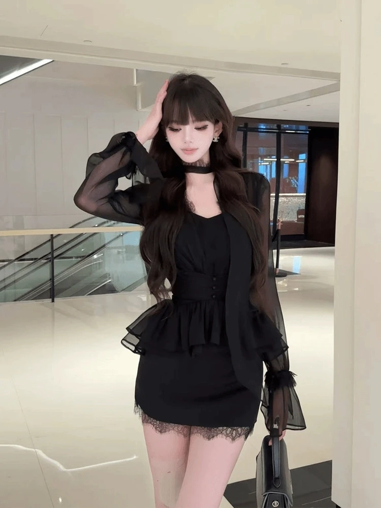 

XZY plus Size Pure Desire Spicy Girl Lace Trim Long Sve Me Splice Skirt Set Women's Summer High Waist Bodycon Dr
