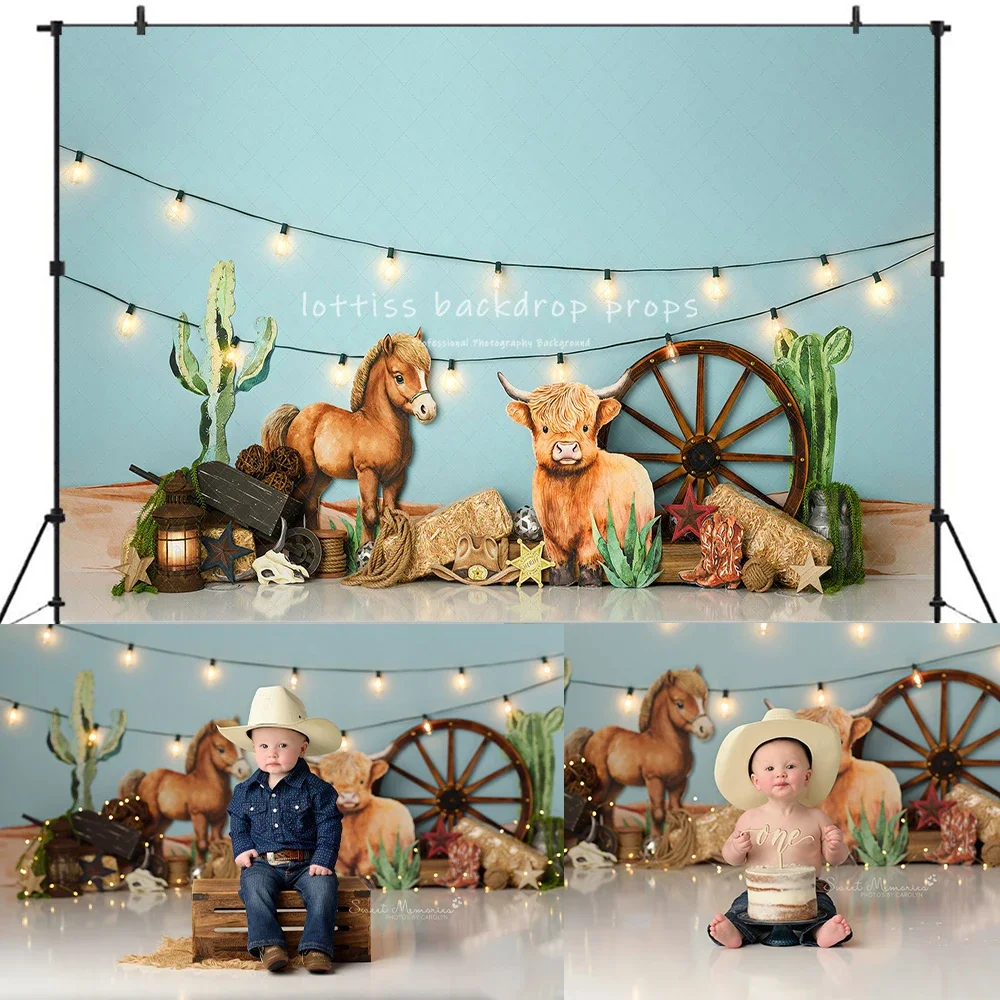 Cute Cowboy Backdrops Kids Baby Birthday Cake Smash Props Child Adult Photocall Cow Horse Photography Decors Background