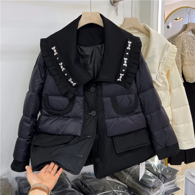 Korean Winter Women Short Down Jacket Crystal Ruffels Lapel Collar Thick Warm 90% White Duck Down Coat Ladies Casual Outerwear