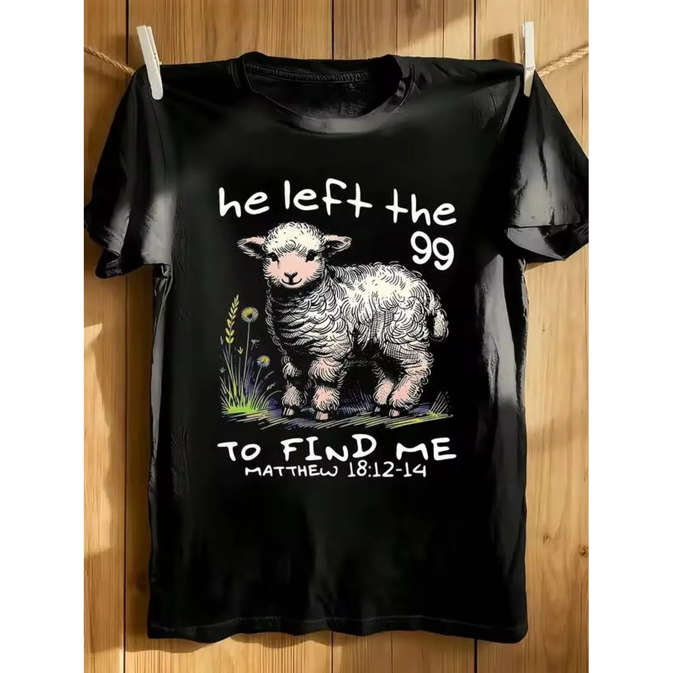 Cute Sheep Graphic Print Men Black T Shirt, Crew Neck Medium Stretch Knit Cotton Regular Fit Casual Short Sleeve Tee Top For Men Boys
