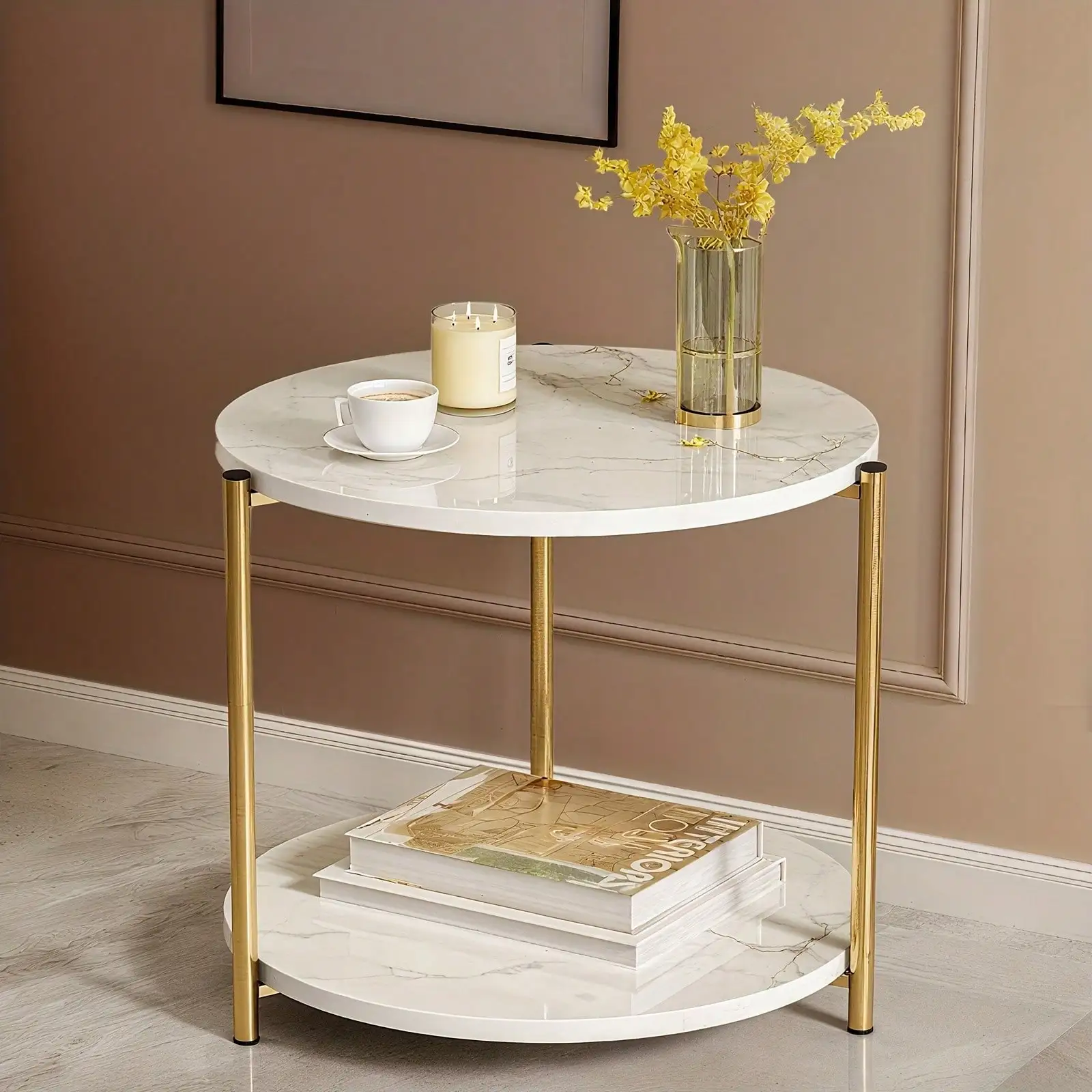 Double-Tier Round Side Table, Minimalist Sofa Table & Coffee Table, Dual-Purpose Indoor/Outdoor Decorative Table Double-Layer Metal Reinforcement, Easy Assembly Suitable For Indoor/Outdoor Decor, Daily Use In Bedrooms And Living Rooms, Bedroom Furniture,