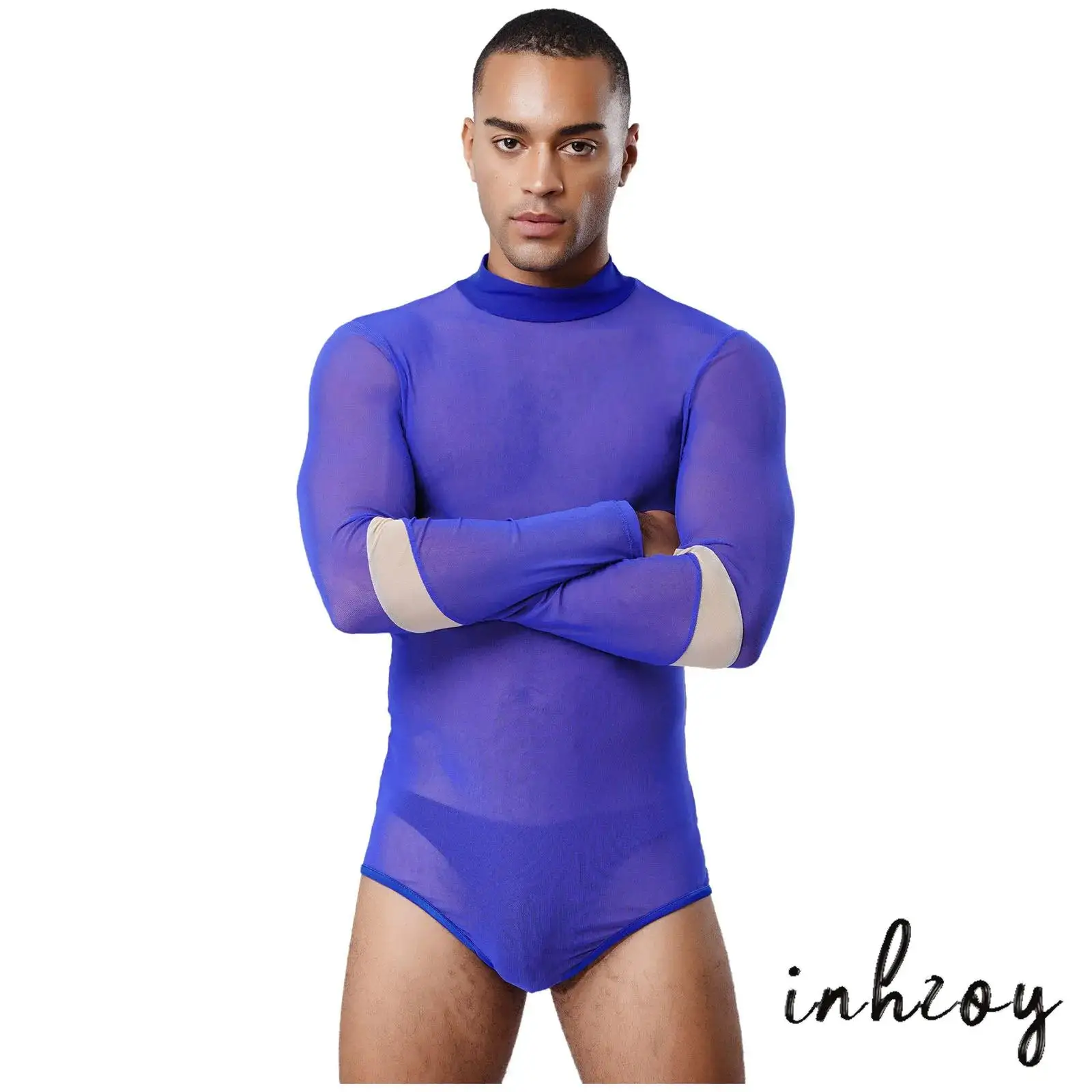 

Men Sheer Mesh Bodysuit Leotard Mock Neck Long Sleeve Back Invisible Zipper Jumpsuit for Valentine Day Home Wear Lingerie Night