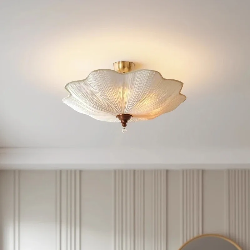French Pleated Silk Fabric Ceiling Light With Gold Base For Bedroom Living Room Romantic Cream Style Interior Decor Ceiling Lamp