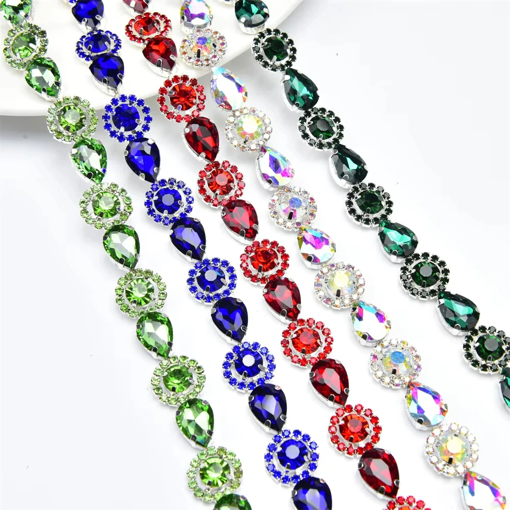 

CUIER 1 Yard Colorful Rhinestone Trim Water Drop Round Sunflower Crystal Chain for Sewing Bridal Wedding Dress Decor
