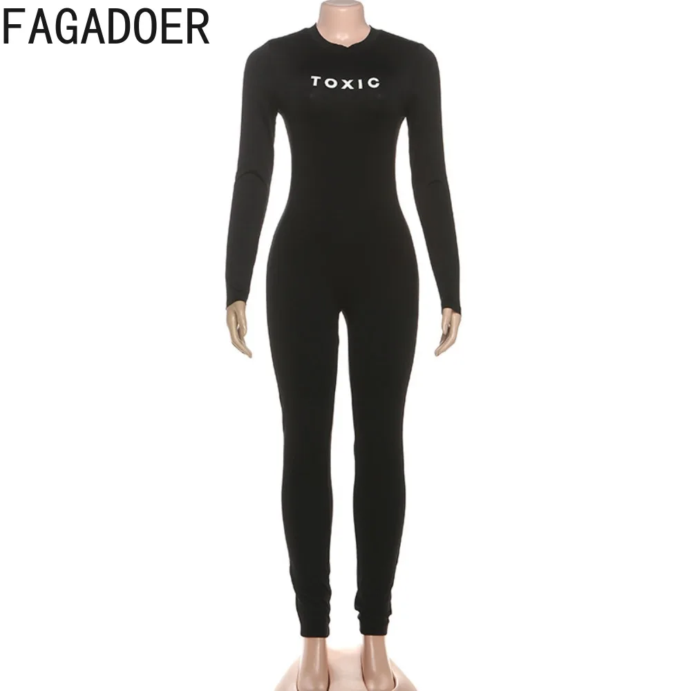 بدلة قفز ضيقة مثيرة مطبوعة بحروف من FAGADOER للنساء بلون سادة ورقبة دائرية وأكمام طويلة ملابس خروج نسائية