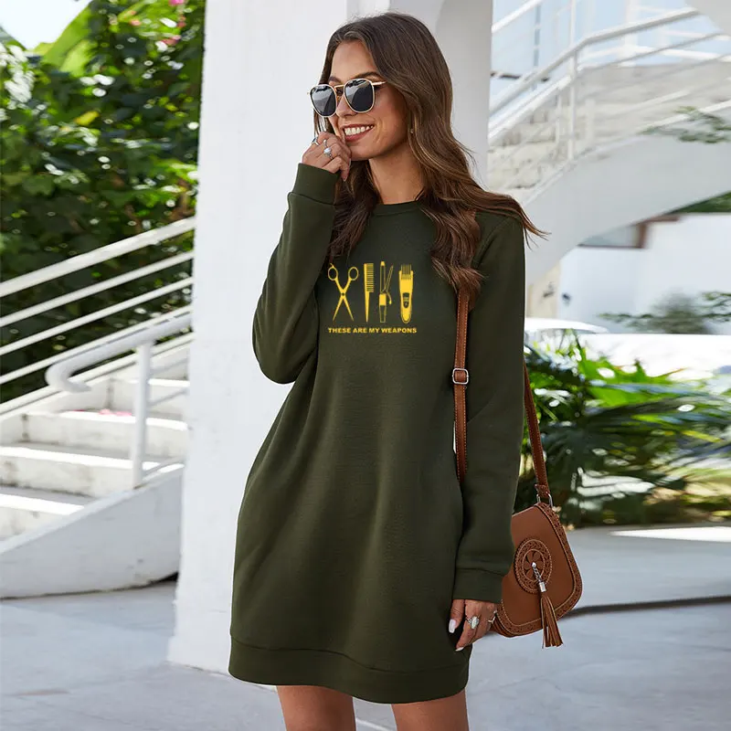 BarberAutumn Winter O Neck Long Sleeve Women Sweatshirt Hairdresser Weapon scissors Clothing Fashion Pocket Ladies Mini Dress