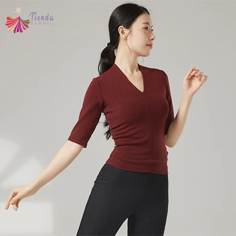 

Modern Dance Top Women V-Neck Middle Sleeve Shirt Blouse Slim Training Clothes Stage Line Performance Costume Casual Dancewear
