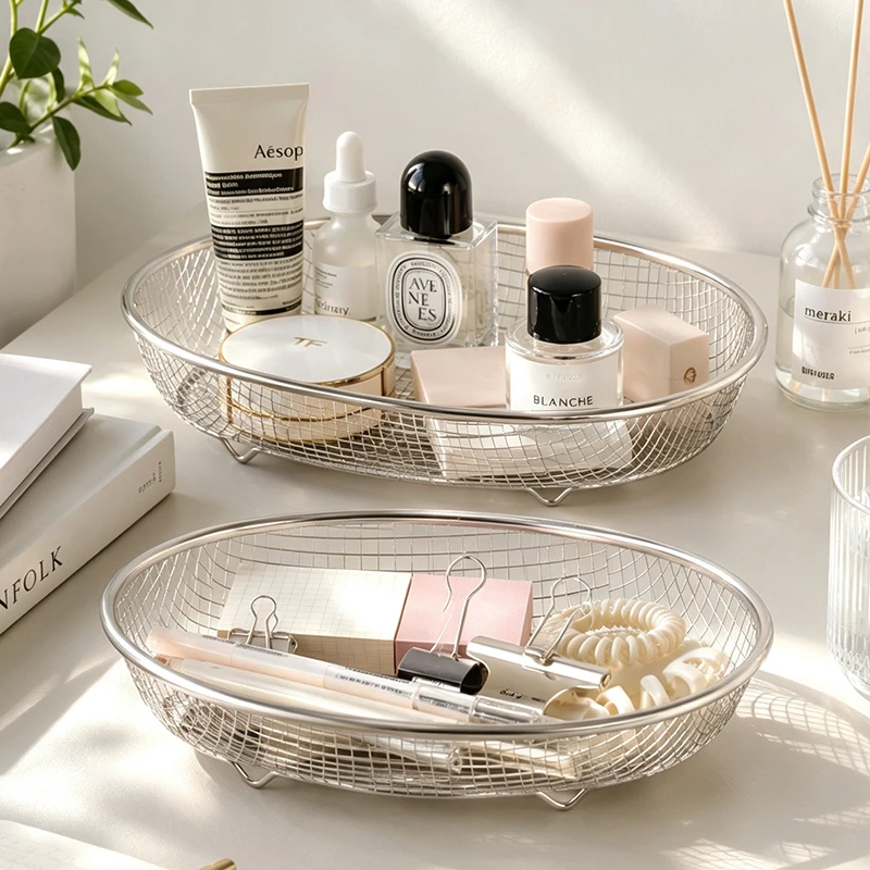 Multi Purpose Stainless Steel Mesh Basket Oval Fruit Tray Kitchen Snack Storage Desktop Organizer Home Decor Back to School Gift