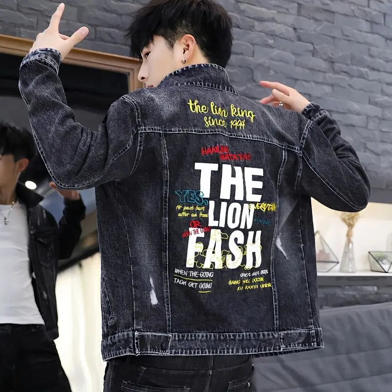 

Men's Denim Jacket Korean Style Slim Fit Outerwear Coat For Men Stylish Student Versatile Clothing Trendy Embroidery Hole