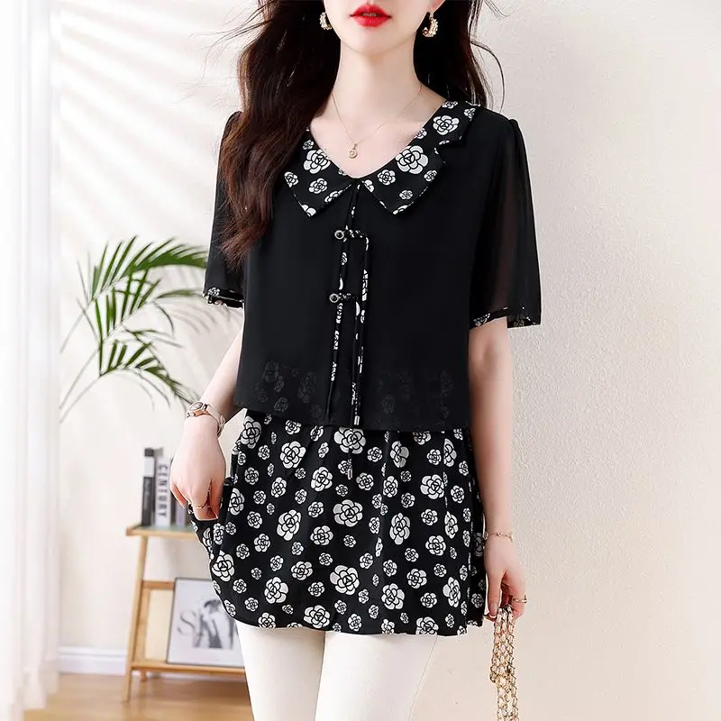 Women\'s Summer Pullover Turn-down Collar Drawstring Floral Printing Short Sleeve Gauze Chiffon T-shirt Casual Office Lady Tops