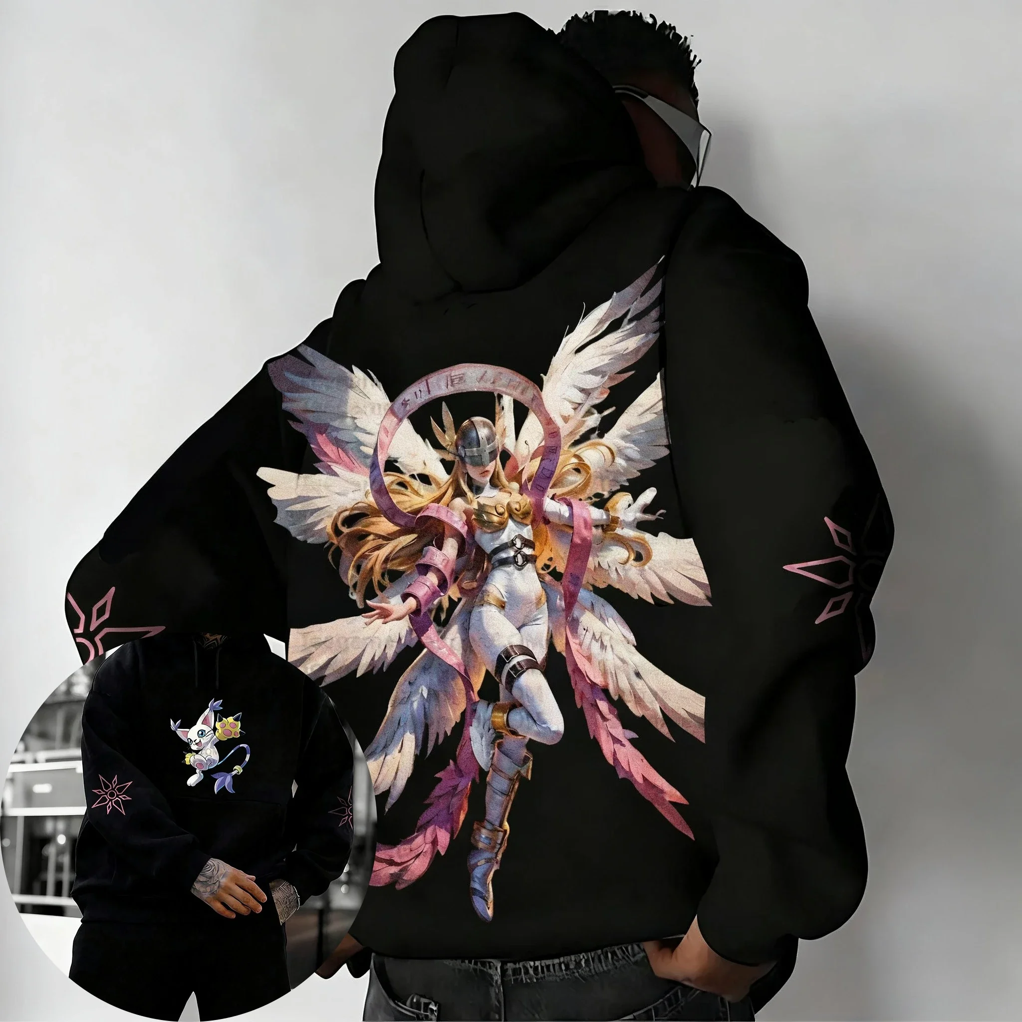 

Мужские толстовки Digimon Adventure осень/зима Angewomon с принтом аниме Harajuku, большие размеры Y2K, повседневный тренд, новый детский топ