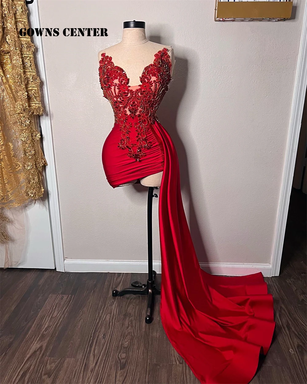 Robe de Rhrouge perlée avec train, sirène, mini robe de cocktail, robe de soirée d'anniversaire, chérie, satin personnalisé, rouge