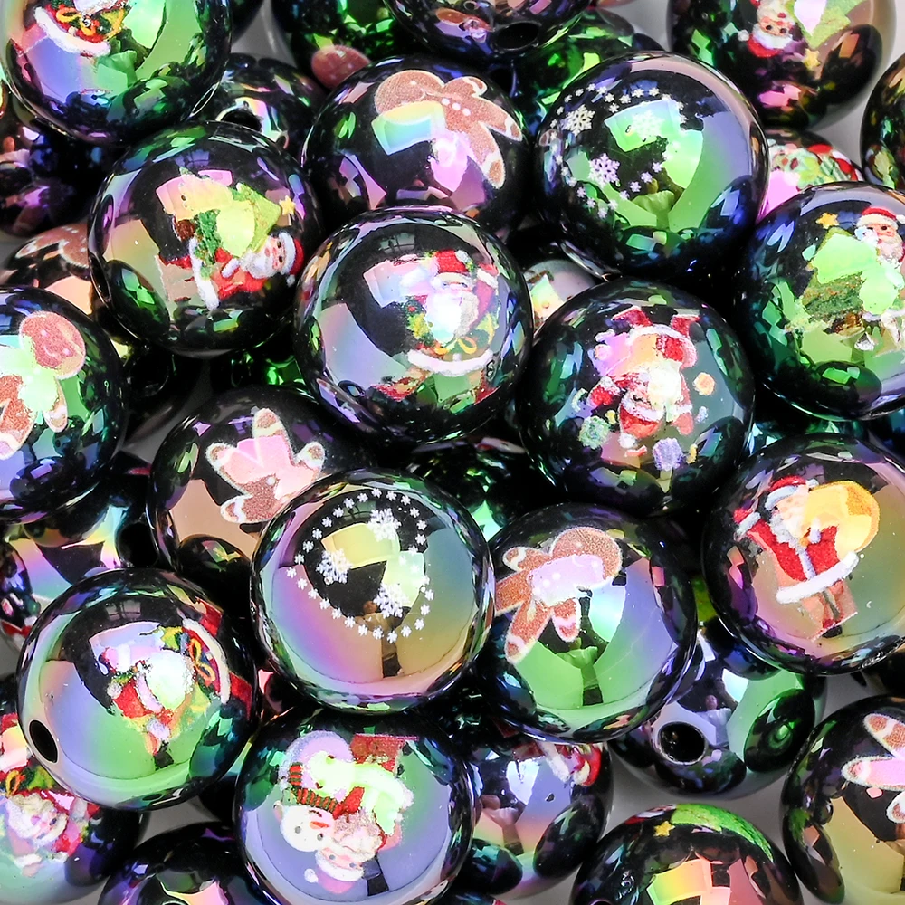 10 Stück 16mm Weihnachtsmann-Acrylperlen, bunte, farbverlaufend bedruckte Zwischenperlen für Weihnachts-DIY-Armbänder und Schmuckzubehör – Detail 2
