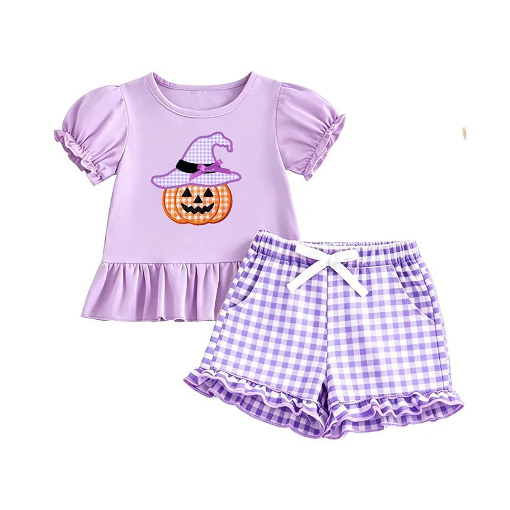Ready To Ship Girl Halloween Outfit Embroidery Top Bloomer Clothes Boys Thanksgiving Pumpkin Shorts Set