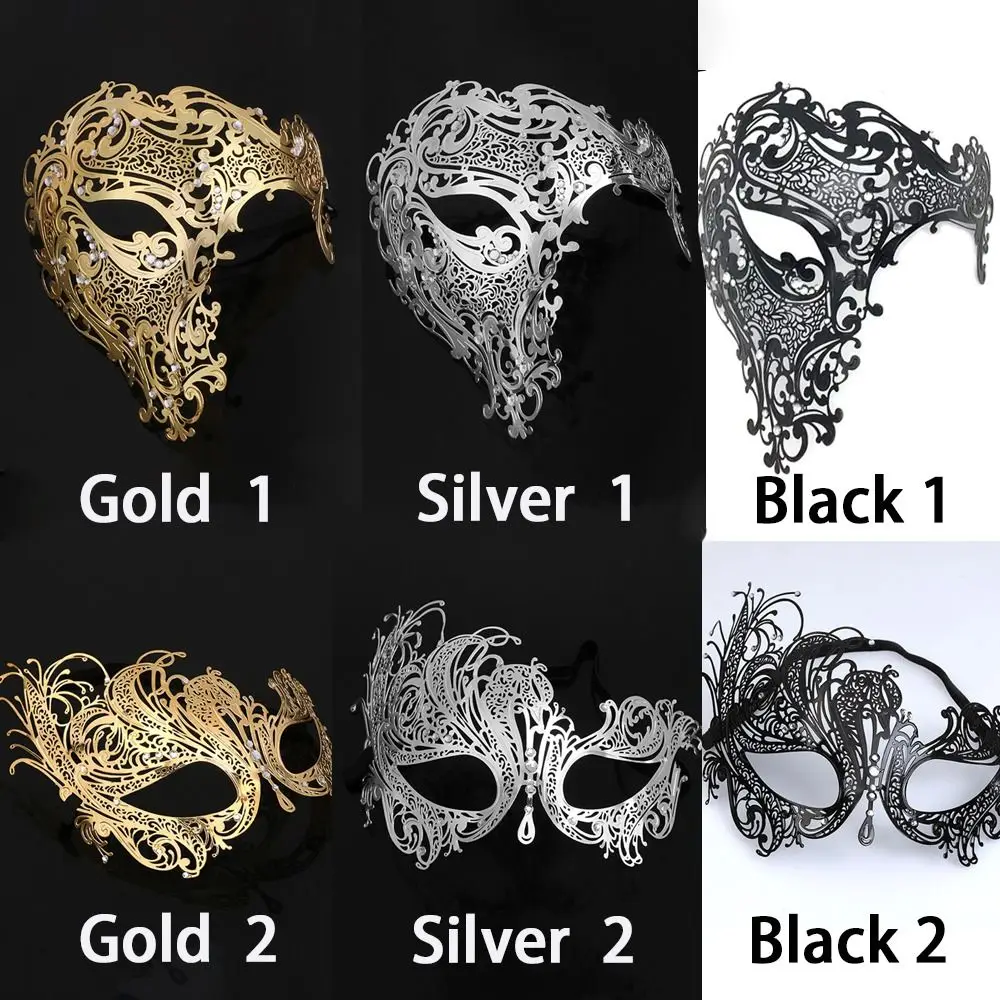 Black Gold Skull Metal Mask Halloween Rhinestone Half Face Venetian Masquerade Men White Women Skull Party Mask