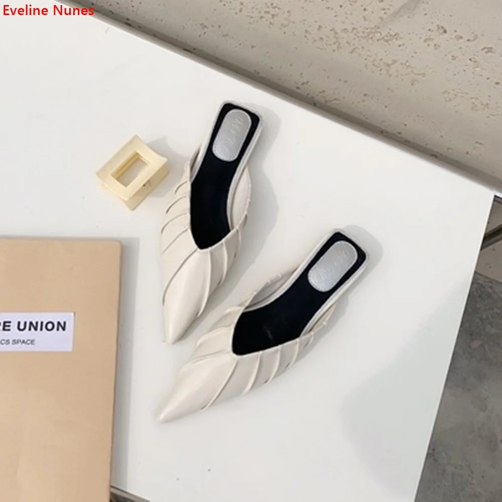 Wrinkled Surface Slip-on Slippers Women's New Arrival Summer Pointed Toe Hollow Bottom Heel Simple Fashion Confortable Shoes