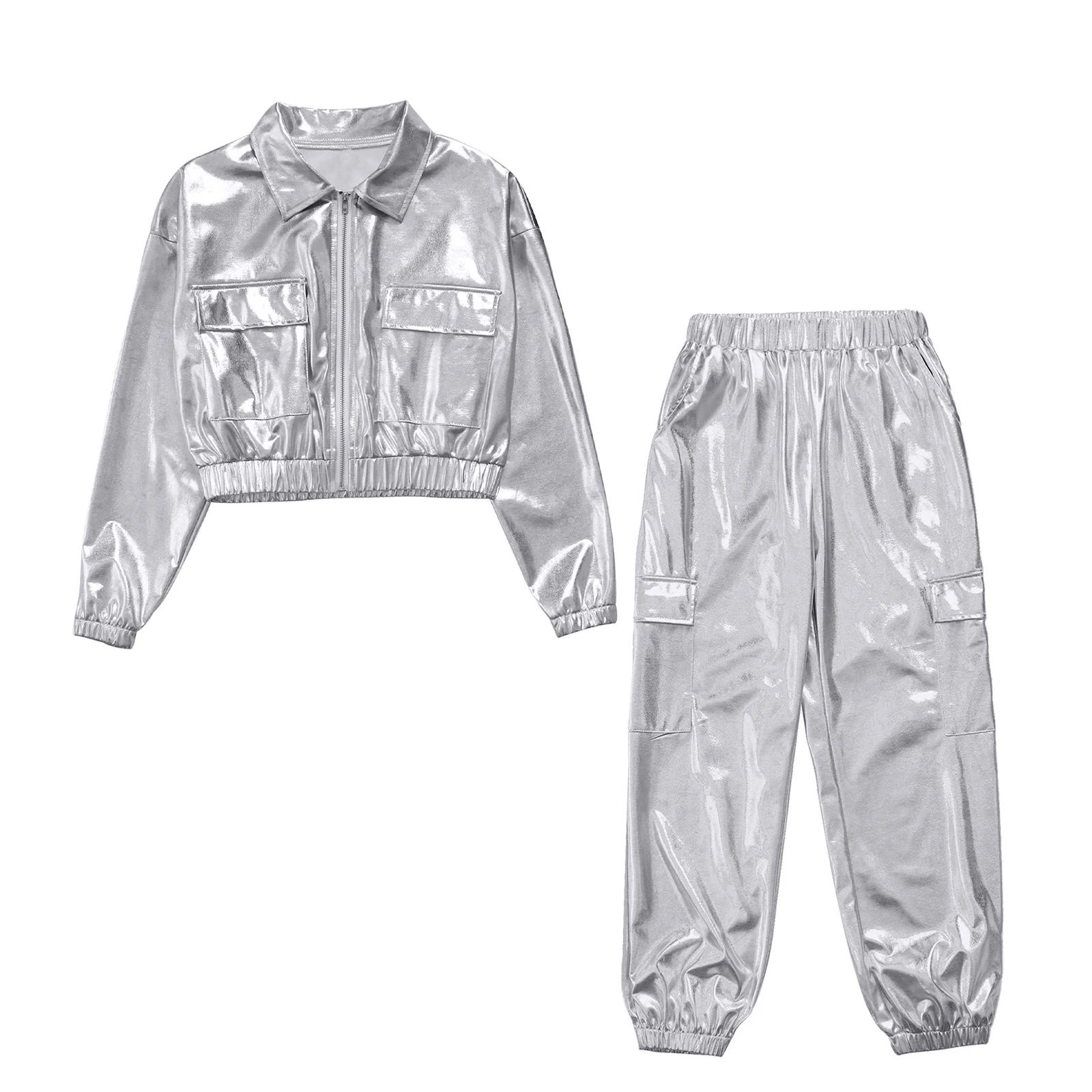 Kids Boys Girls Metallic Sport Hip Hop Street Dance Outfit Long Sleeve Outwear Top And Pants for Jazz Modern Dance Disco Costume