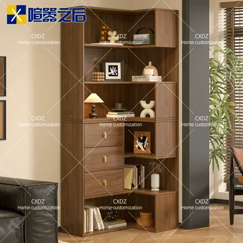 Medieval Solid Wood Corner Cabinet Floor Bookshelf Sofa Side Storage Locker Integrated Wall Unit for Living Room Bedroom Home