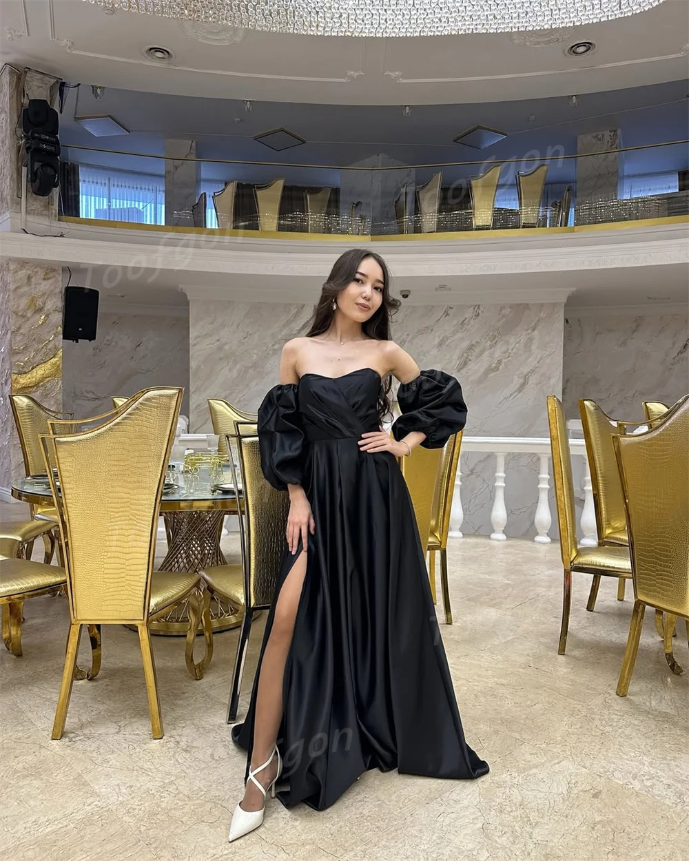 Toofgon الساتان الأسود ألف خط فساتين لحضور الحفلات الموسيقية انفصال كم قصير مشد ثوب مسائي رسمي مخصص المرأة فستان الحفلات الخاصة