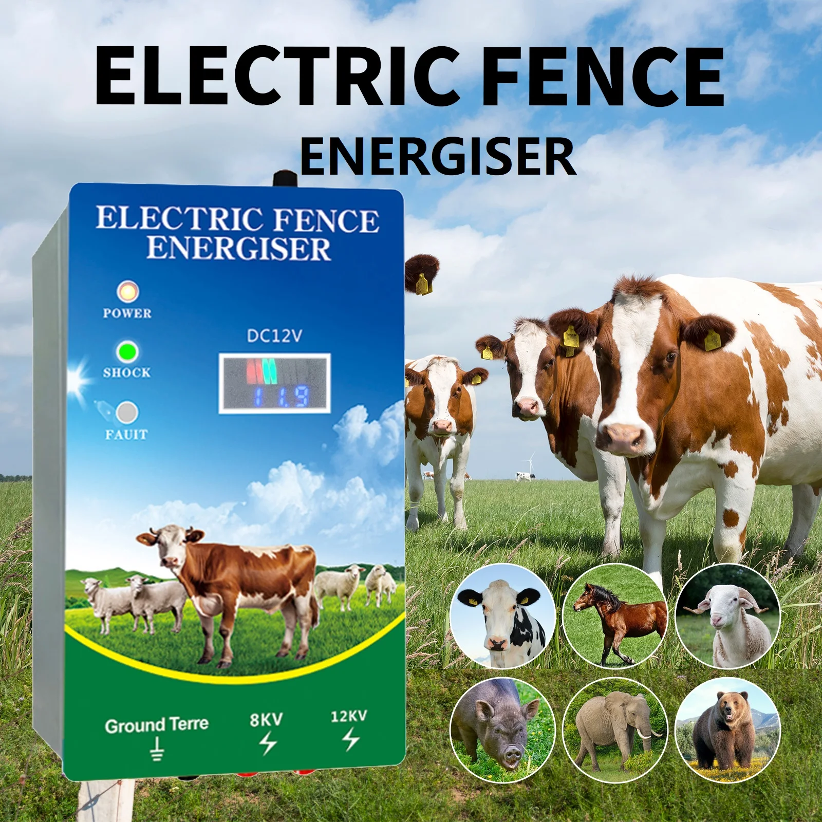 

10KM Ranch Fence Energizer for Livestock High Voltage Controller for Sheep Cattle Horse Poultry Fence Energizer Tool