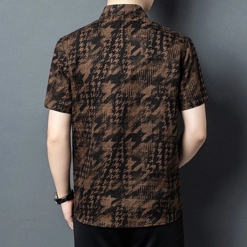Houndstooth Luxurious Shirts For Men Short Sleeve Real Silk 100% Summer Quality Lightweight Gambiered Canton Gauze Chemise Homme