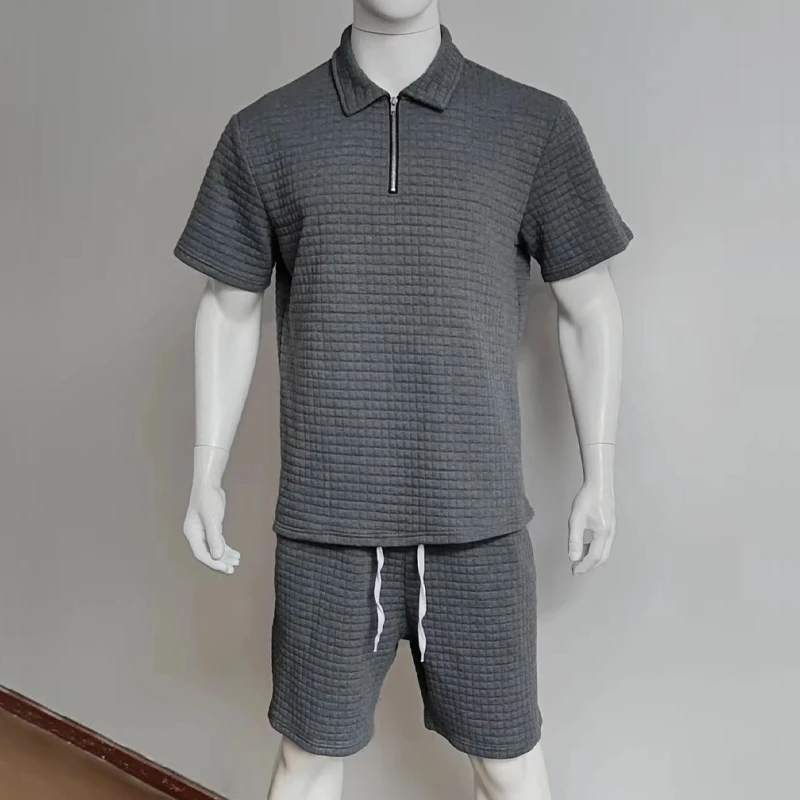 Men\'s solid color small checkered short-sleeved shorts set semi-cardigan zipper short-sleeved shirt suitable for summer leisure