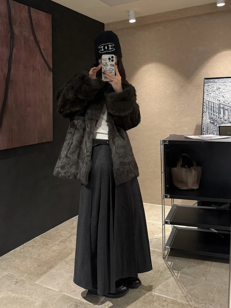 

Chier ey Woolen High Waist Midi Skirt Women's Autumn Winter Slimming A-Line Pleated Skirt Casual Warm Polyester Fiber