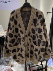 Kadınlar için boy hırka sonbahar giyim Vintage Sueter Mujer moda rahat leopar baskı örme kazak ceket çekin Femme