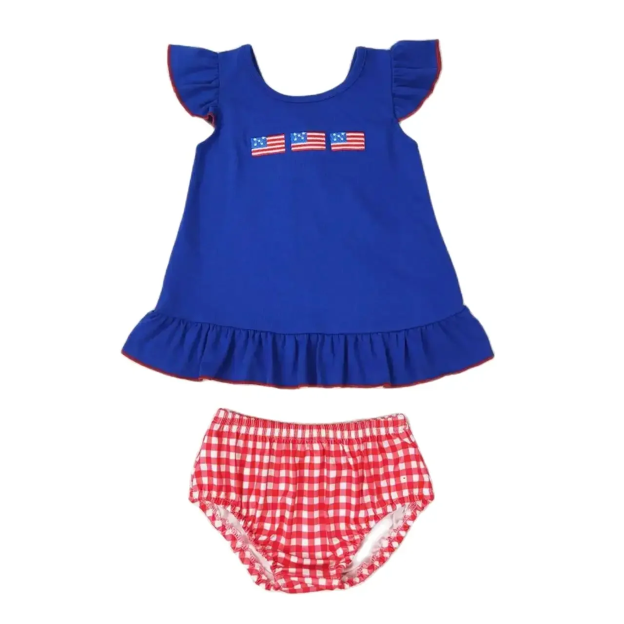 

GBO0311 Kids Girls Summer Outfit Sets Flying Sleeves Top Embroidery Flag Bow Print With Briefs Children Clothes