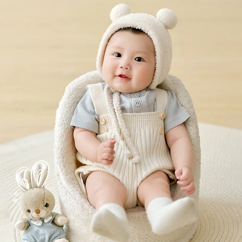 Bear Baby Clothing Adjustable Plush Bear Ear Hat Knitted Overalls Newborn Outfit Cute Bunny Shoot Props Studio Photo Accessories