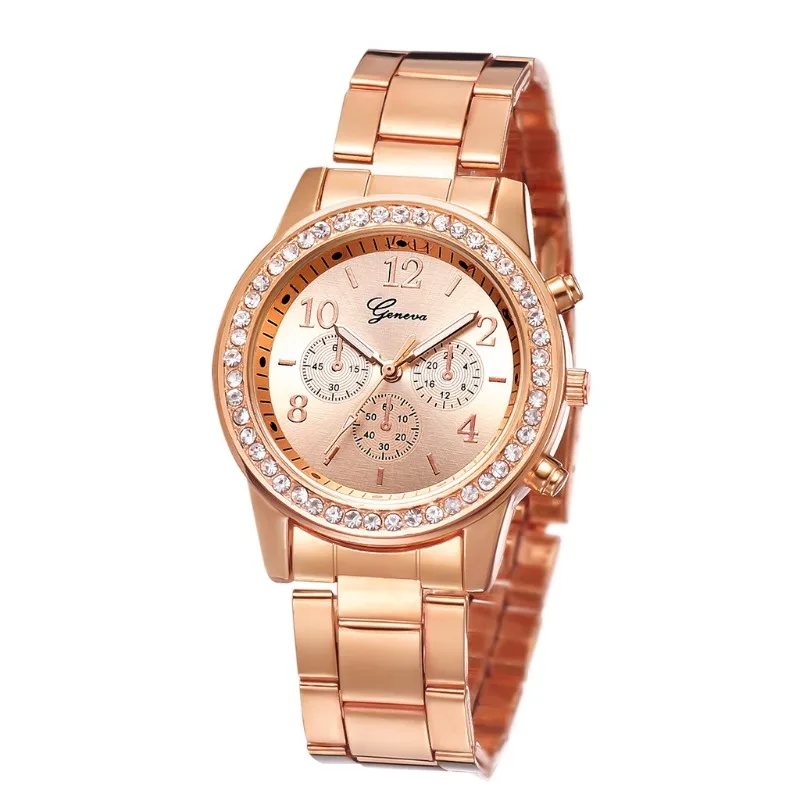 Women Quartz Watch Luxury with Diamonds Simple Stainless Steel Strap Clock Ring Necklace Earrings Rhinestone Set Reloj (no Box)