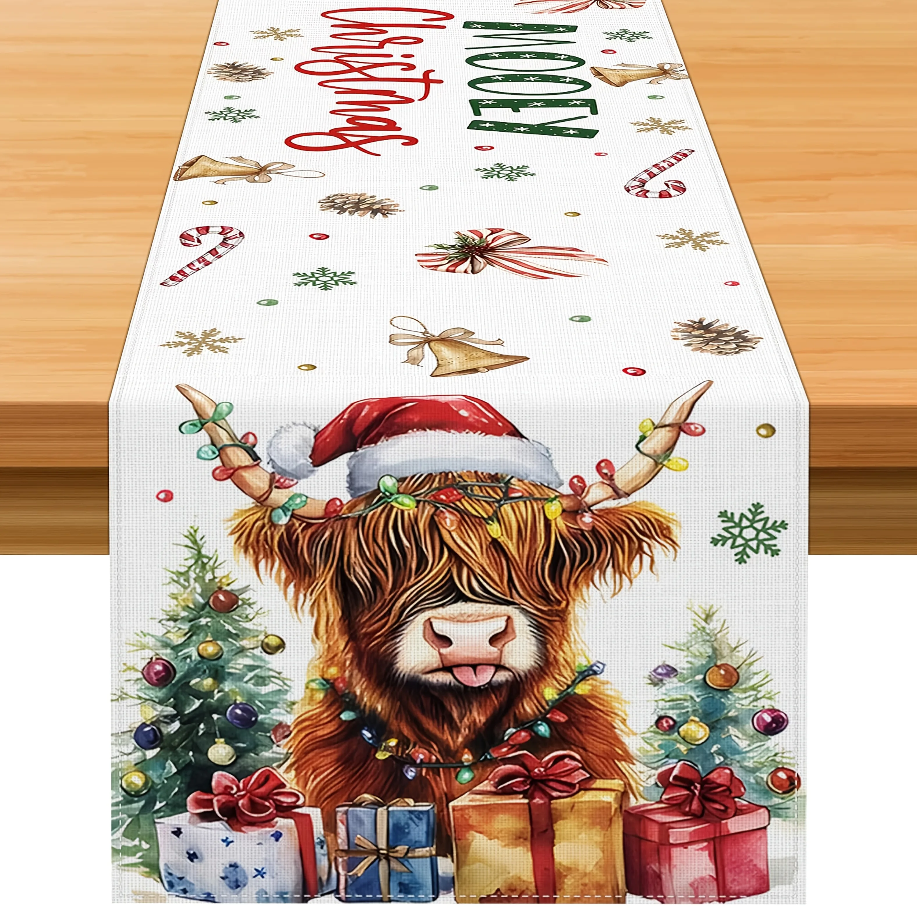 VIKAMA Christmas Table Runner Highland Cow Santa Hat Light Candy Cane Decorative Washable Polyester Kitchen Dining Holiday