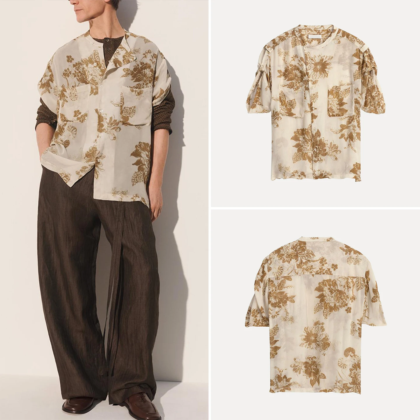 

Men's Casual Fashion Floral Print Short Sleeve Shirt Draping Style Spring 2026 ZADATA Loose Fit round Neck Button up
