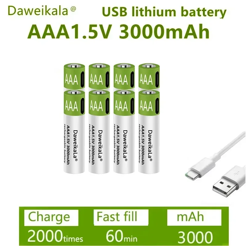 New 1.5V AAA Rechargeable Battery 3000mAh Rechargeable AAA Battery Lithium Polymer Battery Quick Charging by Type-C USB Cable